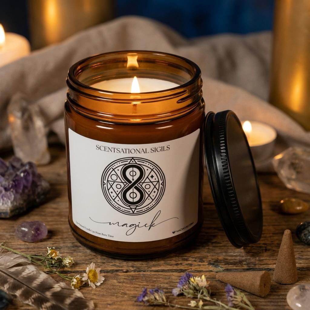 Amber glass intention candle featuring the Magick sigil symbol with ‘magick’ written in script underneath, displayed on an altar with sacred items
