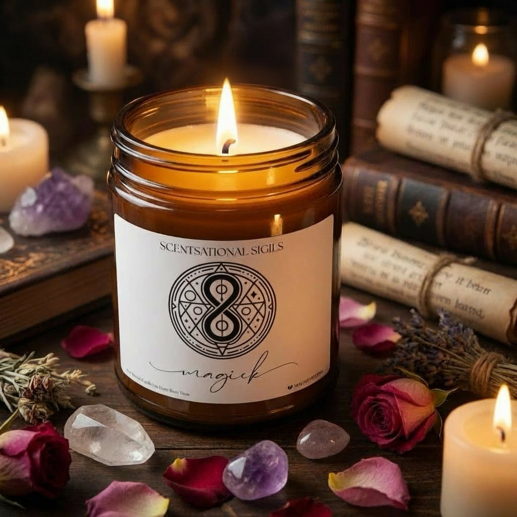 Amber glass intention candle featuring the Magick sigil symbol with ‘magick’ written in script underneath, displayed on an altar with sacred items