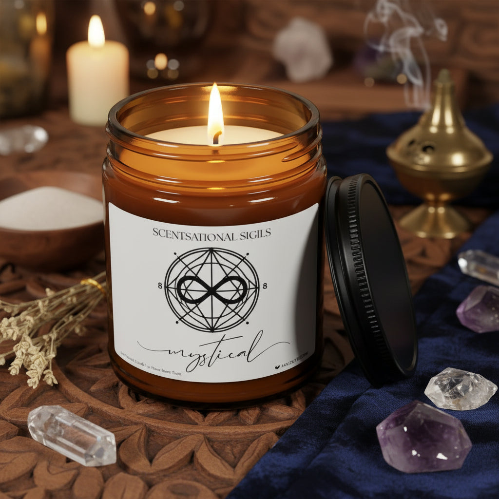 Amber glass intention candle featuring the Mystical sigil symbol with ‘mystical’ written in script underneath, displayed on an altar with sacred items