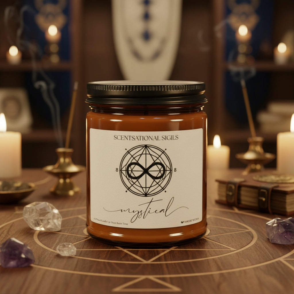 Amber glass intention candle featuring the Mystical sigil symbol with ‘mystical’ written in script underneath, displayed on an altar with sacred items