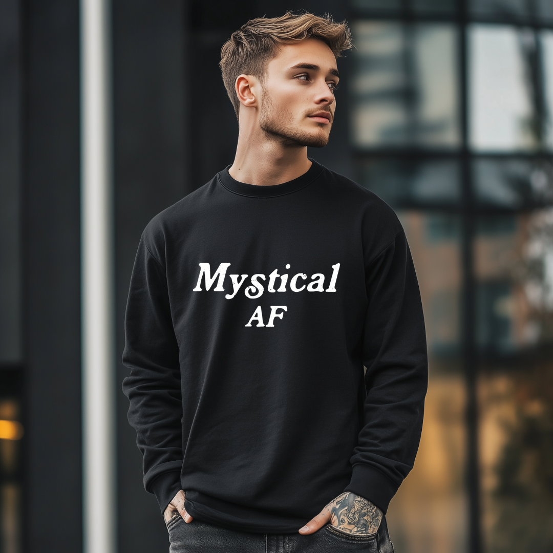 Model wearing a crew neck, long sleeve T-shirt with Mystical AF printed in block letters and centered on the chest.
Wear it, own it, live it.