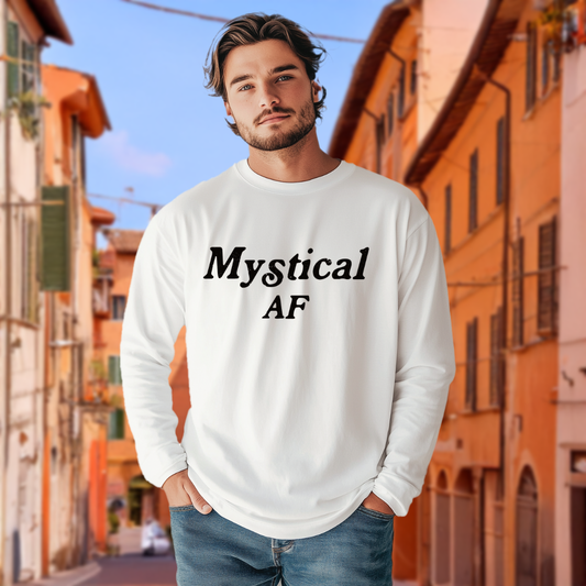 Model wearing a crew neck, long sleeve T-shirt with Mystical AF printed in block letters and centered on the chest.
Wear it, own it, live it.