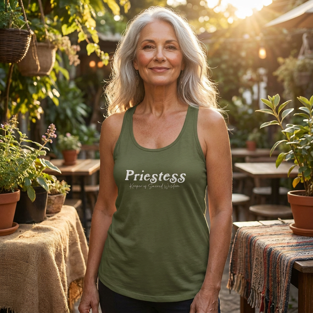 A woman in her late 50s with silver hair and a calm, radiant expression stands near a softly lit outdoor café garden wearing an olive green “Priestess, Keeper of Sacred Wisdom” racerback tank. Warm golden hour light creates a peaceful and empowered atmosphere surrounded by plants and natural textures.