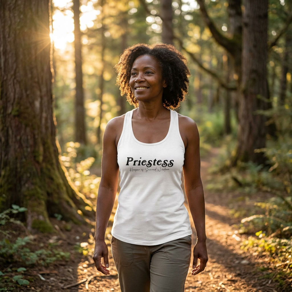 Woman, early 50s, African descent, serene smile, walking a forest path at golden hour wearing the EXACT white racerback tank with white “Priestess, Keeper of Sacred Wisdom” design unchanged, relaxed candid lifestyle photography, mystical yet grounded atmosphere, no alteration to garment color, design, proportions, or texture