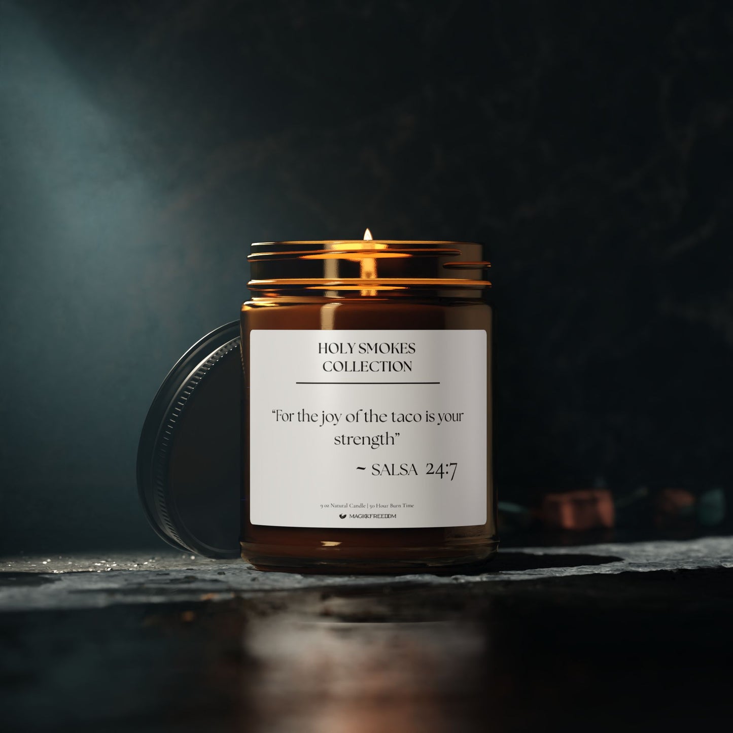 Amber glass jar candle labeled with the Holy Smokes 'Salsa' verse, featuring sacred typography on a minimalist background

