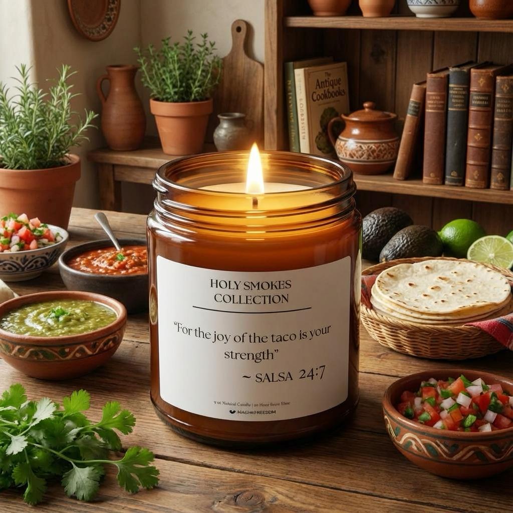 Holy Smokes Salsa candle displayed against a symbolic background inspired by the meaning of the verse.
