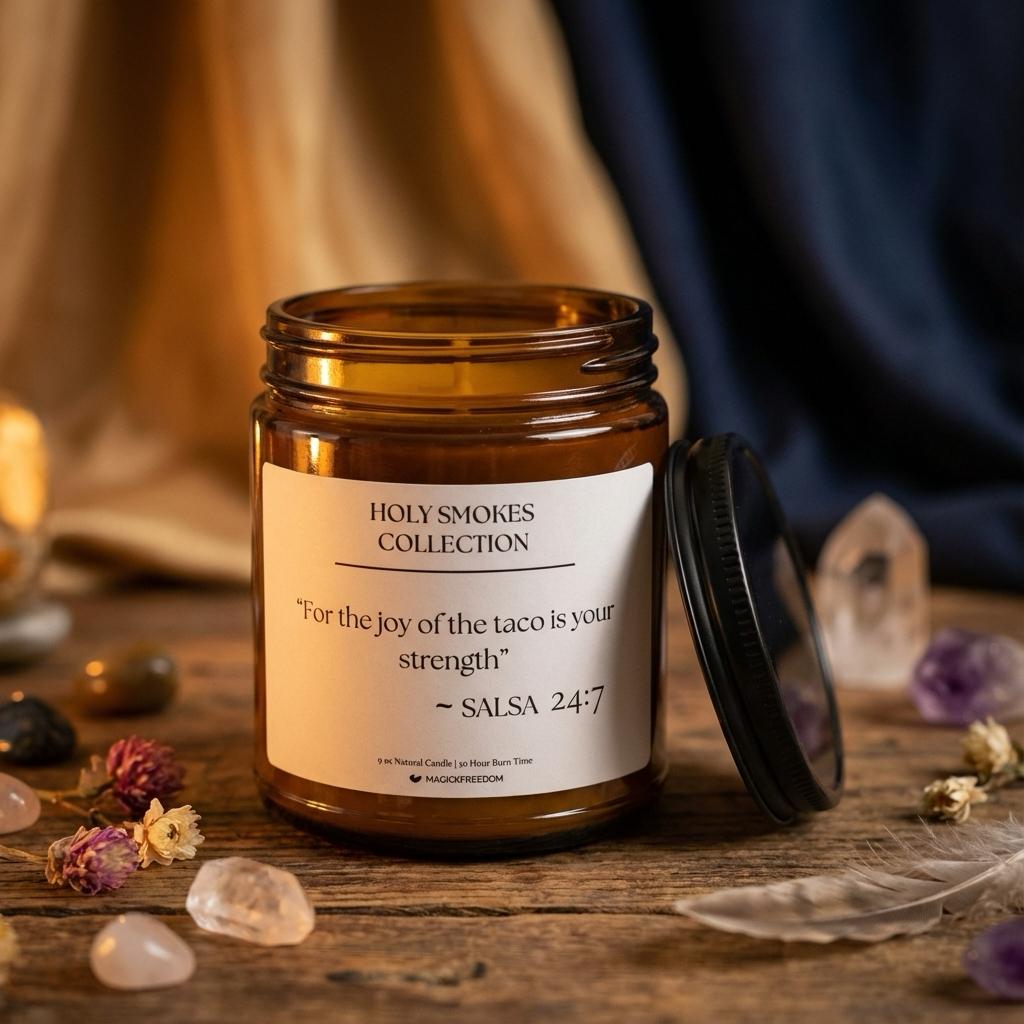 Holy Smokes Salsa candle arranged with altar items in a ritual-inspired setting.
