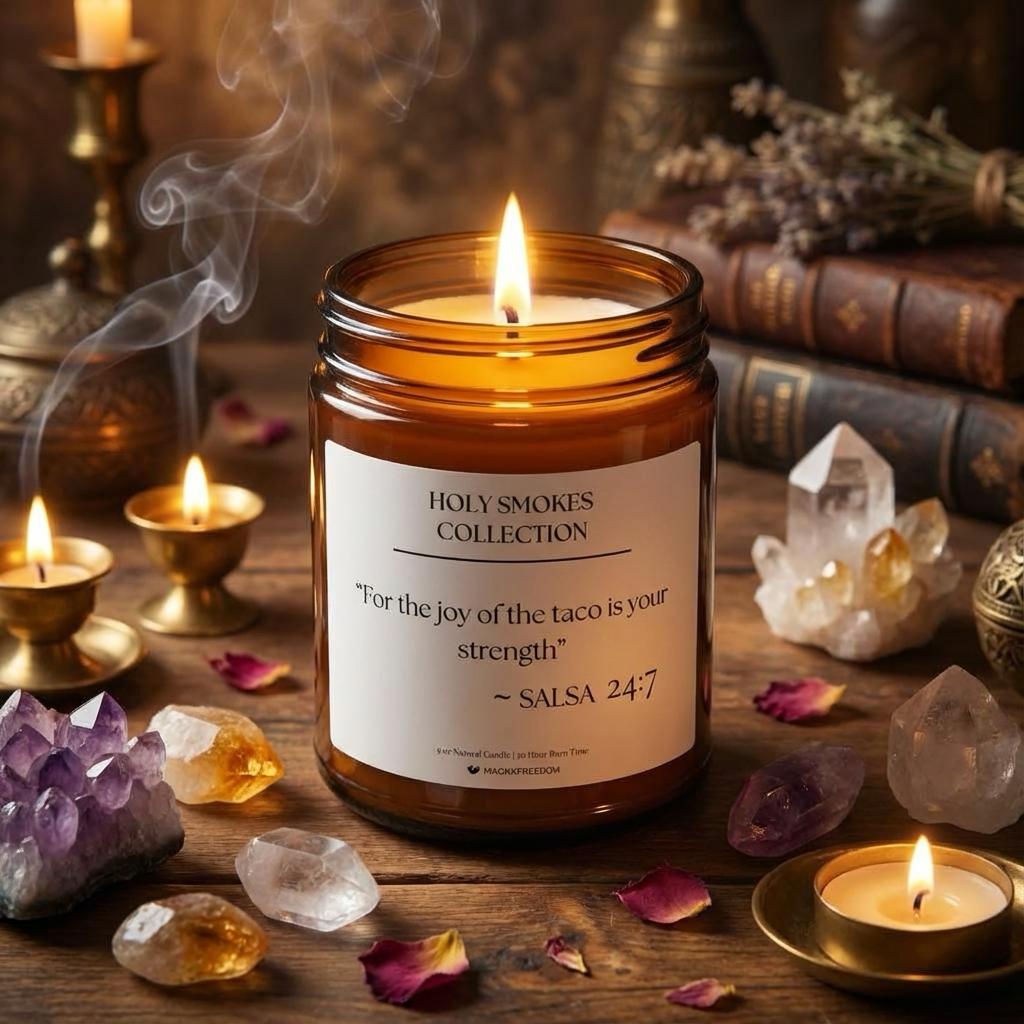 Holy Smokes Salsa candle arranged with altar items in a ritual-inspired setting.
