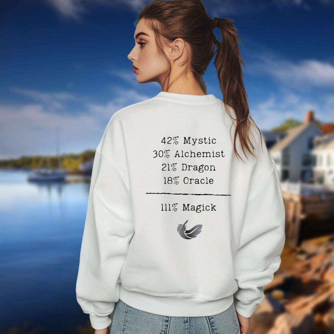 Model wearing a crew neck, 111% Magick  sweatshirt . On the front left chest area is the Magick Freedom feather logo. 
The back of the shirt displays a breakdown of mystical archetypes, listing "42% Mystic, 30% Alchemist, 21% Dragon, 18% Oracle," followed by a line and the phrase "111% Magick".