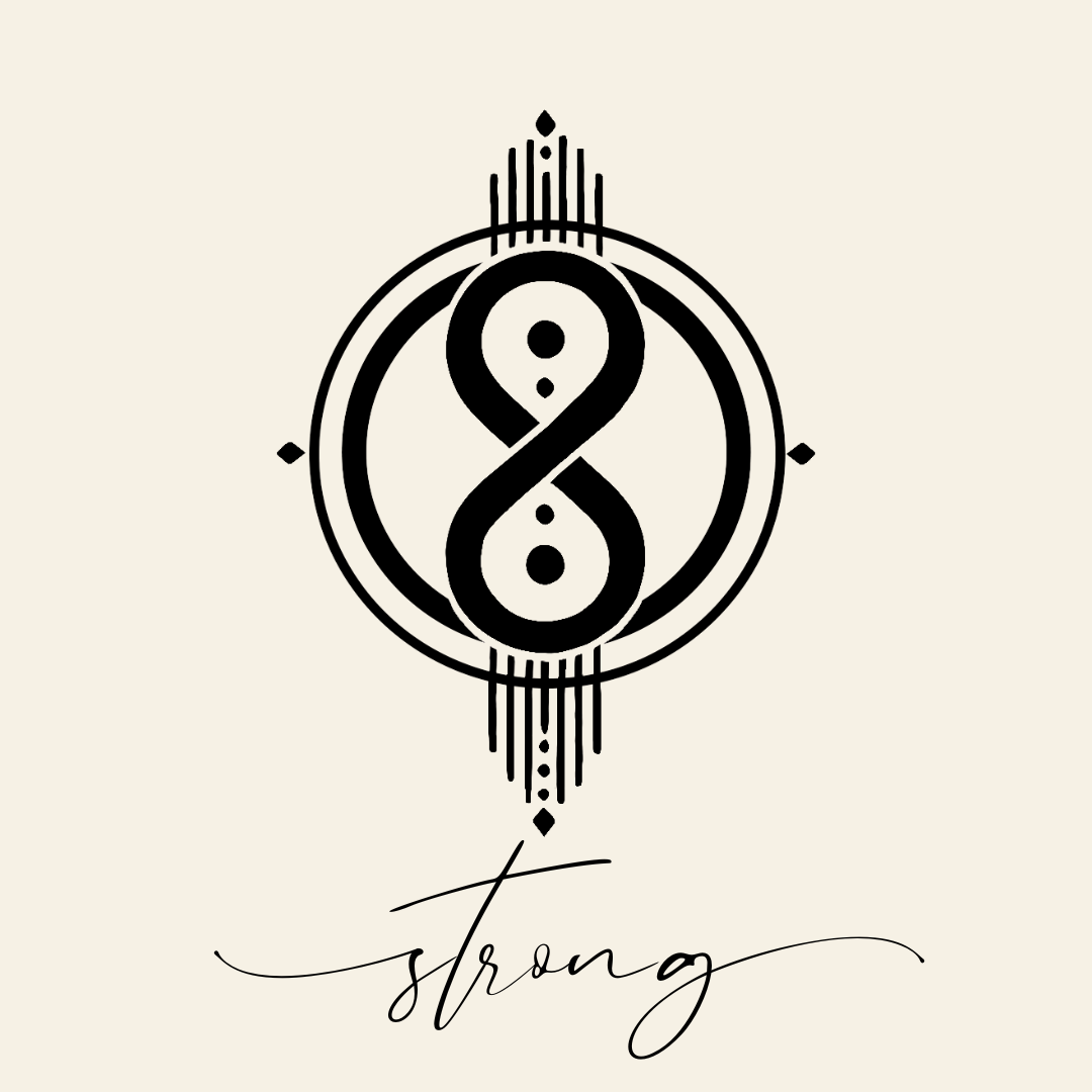 Close up on the main label image of Strong sigil symbol with corresponding script underneath on neutral background