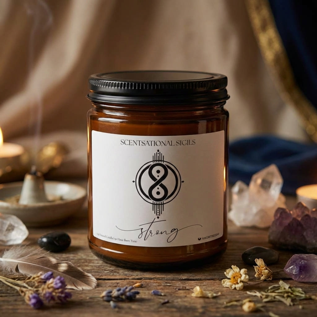 Amber glass intention candle featuring the Strong sigil symbol with ‘strong’ written in script underneath, displayed on an altar with sacred items