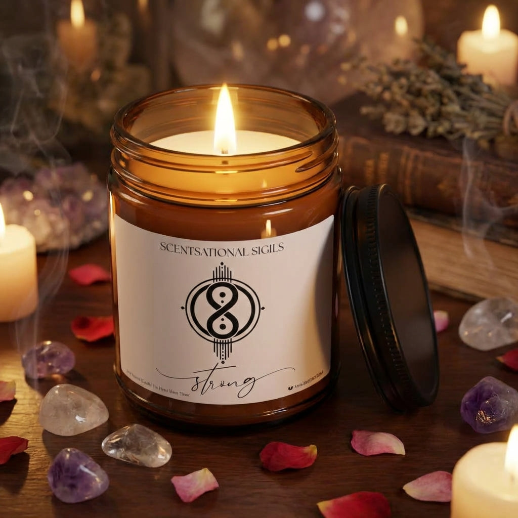 Amber glass intention candle featuring the Strong sigil symbol with ‘strong’ written in script underneath, displayed on an altar with sacred items