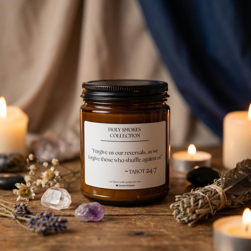 Holy Smokes Tarot candle arranged with altar items in a ritual-inspired setting.