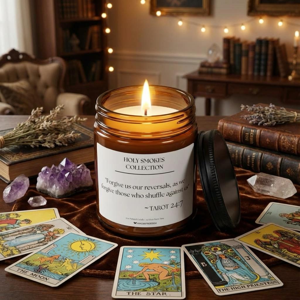 Holy Smokes Tarot candle displayed against a symbolic background inspired by the meaning of the verse.