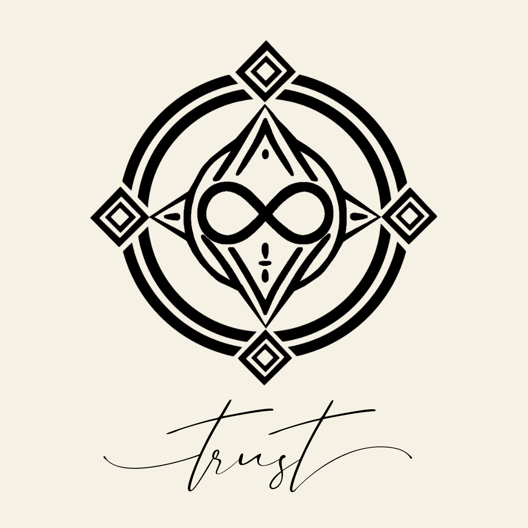 Close up on the main label image of Trust sigil symbol with corresponding script underneath on neutral background