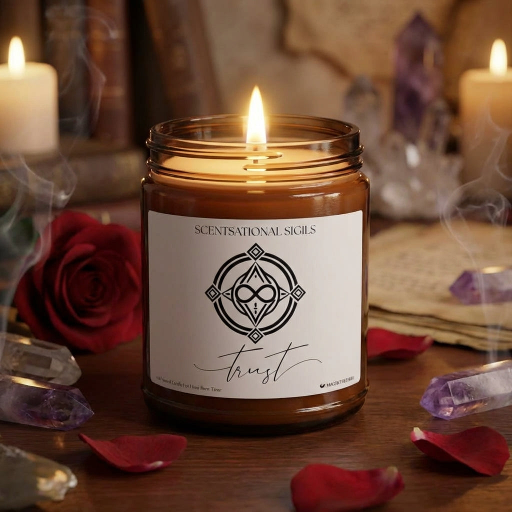 Amber glass intention candle featuring the Trust sigil symbol with ‘trust’ written in script underneath, displayed on an altar with sacred items