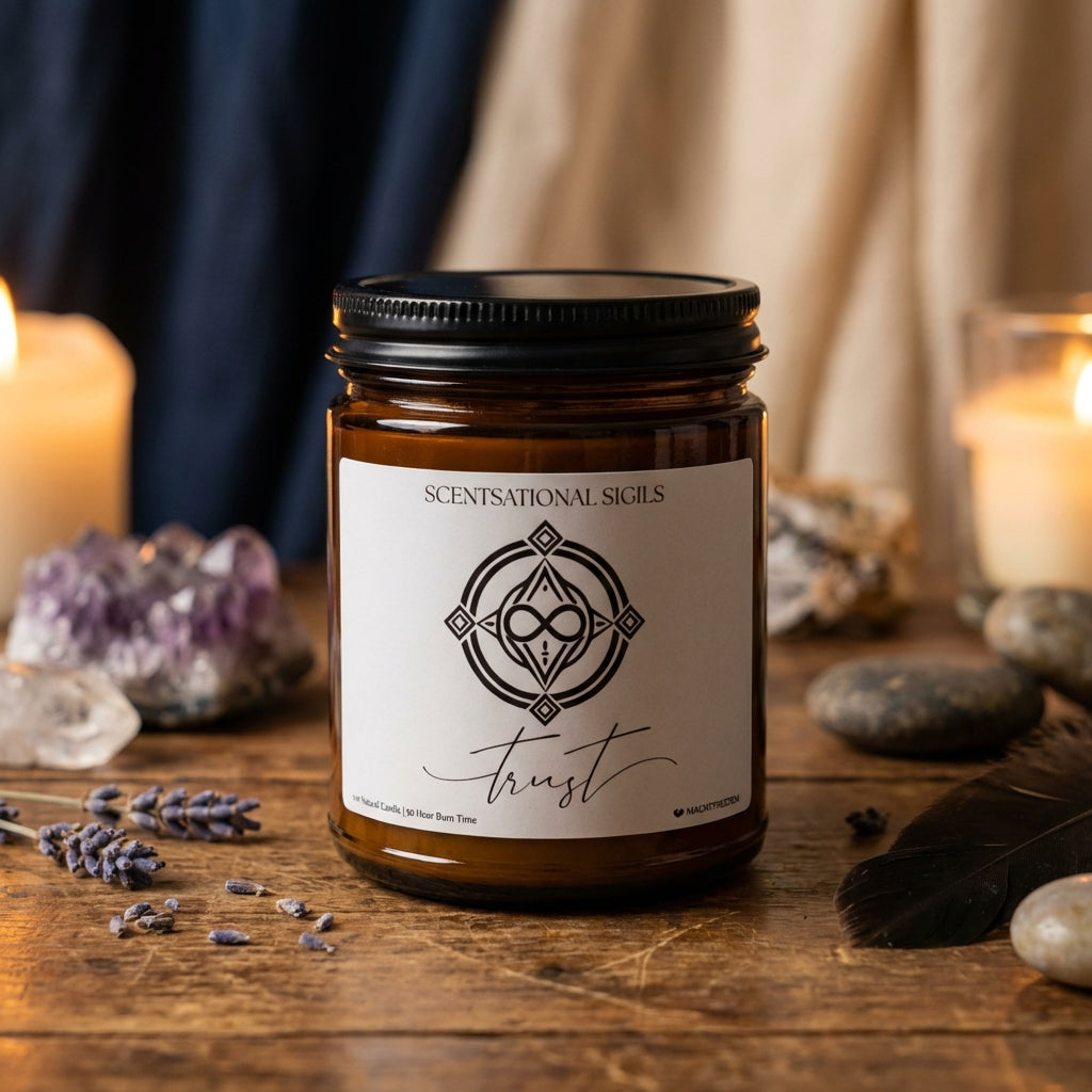 Amber glass intention candle featuring the Trust sigil symbol with ‘trust’ written in script underneath, displayed on an altar with sacred items