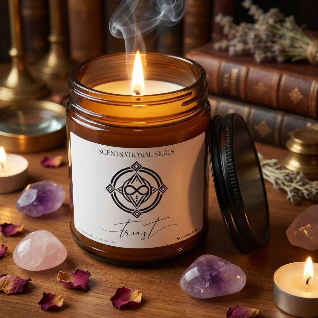 Amber glass intention candle featuring the Trust sigil symbol with ‘trust’ written in script underneath, displayed on an altar with sacred items