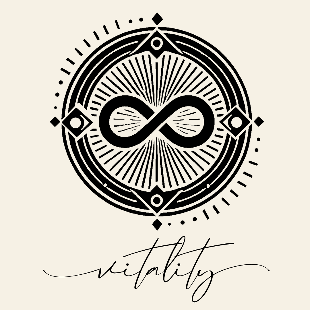 Close up on the main label image of Vitality sigil symbol with corresponding script underneath on neutral background
