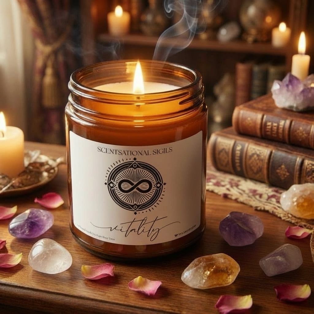 Amber glass intention candle featuring the Vitality sigil symbol with ‘vitality’ written in script underneath, displayed on an altar with sacred items
