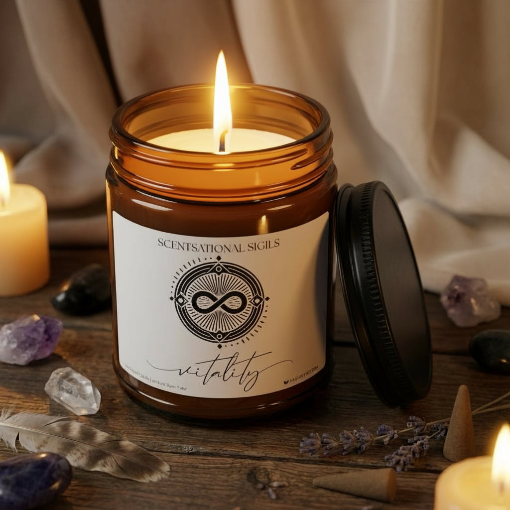 Amber glass intention candle featuring the Vitality sigil symbol with ‘vitality’ written in script underneath, displayed on an altar with sacred items