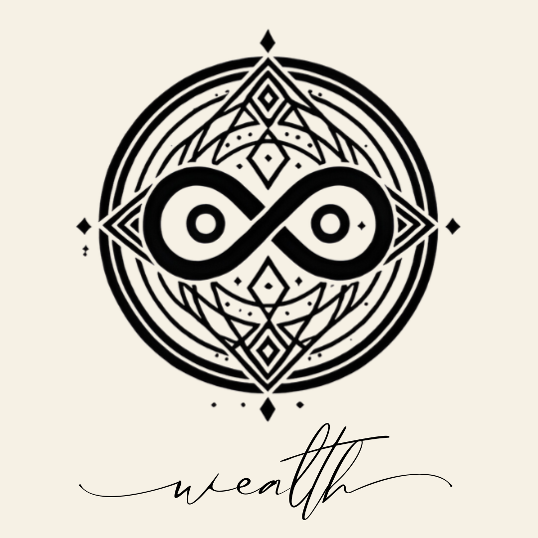 Close up on the main label image of Wealth sigil symbol with corresponding script underneath on neutral background
