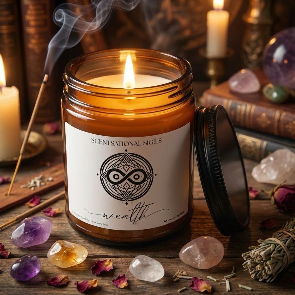 Amber glass intention candle featuring the Wealth sigil symbol with ‘wealth’ written in script underneath, displayed on an altar with sacred items
