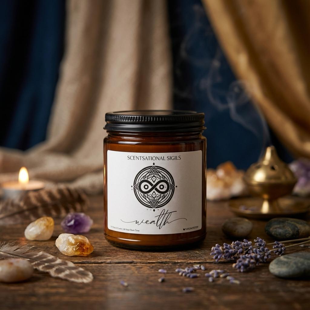 Amber glass intention candle featuring the Wealth sigil symbol with ‘wealth’ written in script underneath, displayed on an altar with sacred items