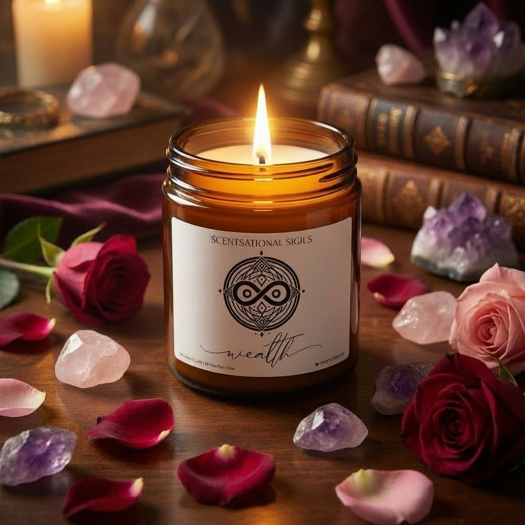 Amber glass intention candle featuring the Wealth sigil symbol with ‘wealth’ written in script underneath, displayed on an altar with sacred items