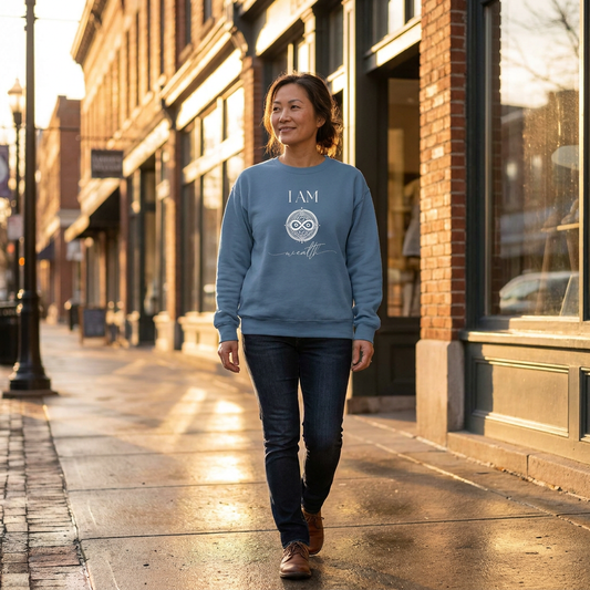 A woman in her mid 40s of Asian descent walks through a charming downtown street at golden hour wearing a muted blue “I AM Wealth” sweatshirt with a sacred sigil symbol. The atmosphere feels calm, elevated, and quietly empowering with warm light reflecting off nearby windows.
