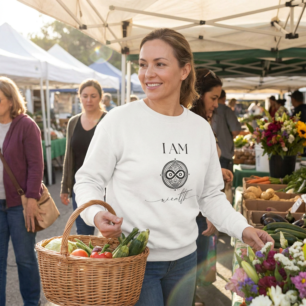 Woman smiling at an outdoor farmers market wearing a white crewneck sweatshirt that reads “I AM Wealth” with a sacred sigil symbol. She is holding a wicker basket filled with fresh vegetables