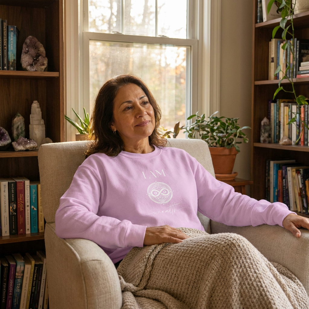 woman, mid 50s, olive skin, soft smile, relaxed presence sitting in a cozy living room with warm window light, relaxed elevated atmosphere, wearing a pink “I AM Wealth” sweatshirt with white sacred sigil design