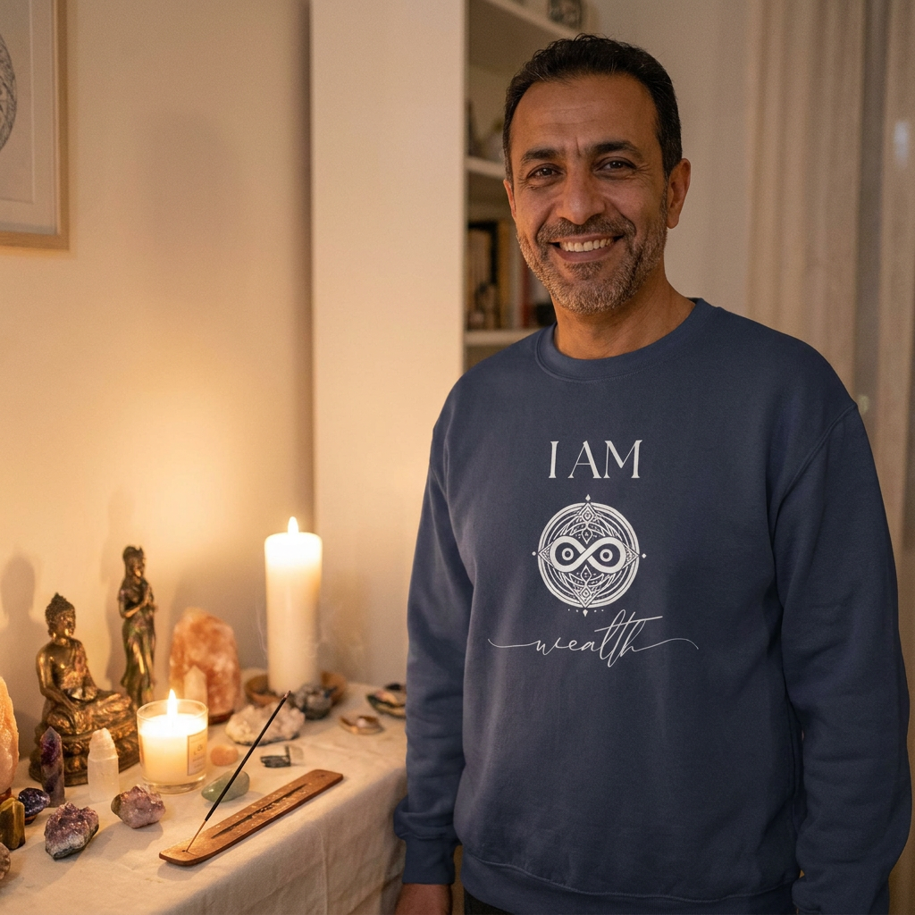 male, early 50s, Middle Eastern descent, warm expression, standing near a softly lit personal altar space, relaxed elevated atmosphere, wearing a navy “I AM Wealth” sweatshirt with white sacred sigil