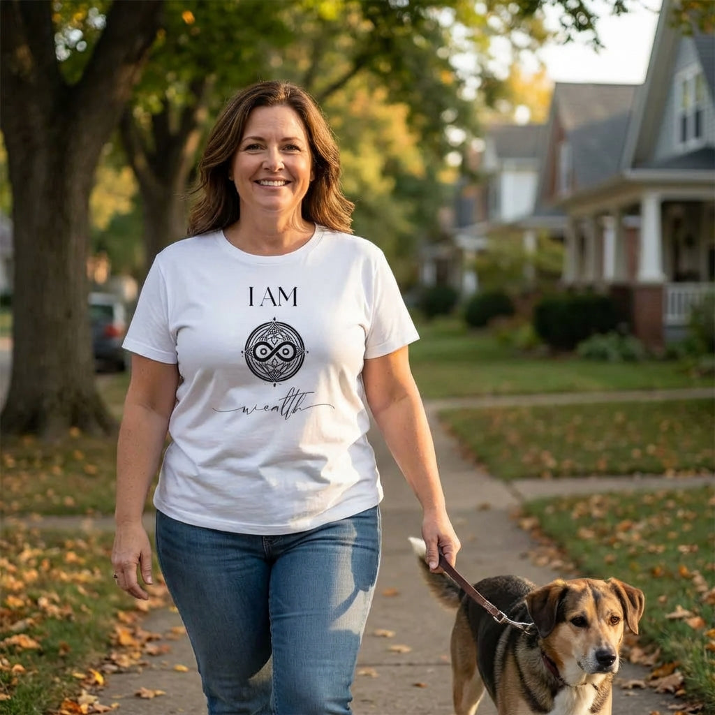 A smiling woman walks her dog along a quiet, tree-lined neighborhood street while wearing a white T-shirt printed with “I AM Wealth” and a sacred sigil symbol. The scene evokes grounded abundance, everyday ceremony, and prosperity woven naturally into daily life.