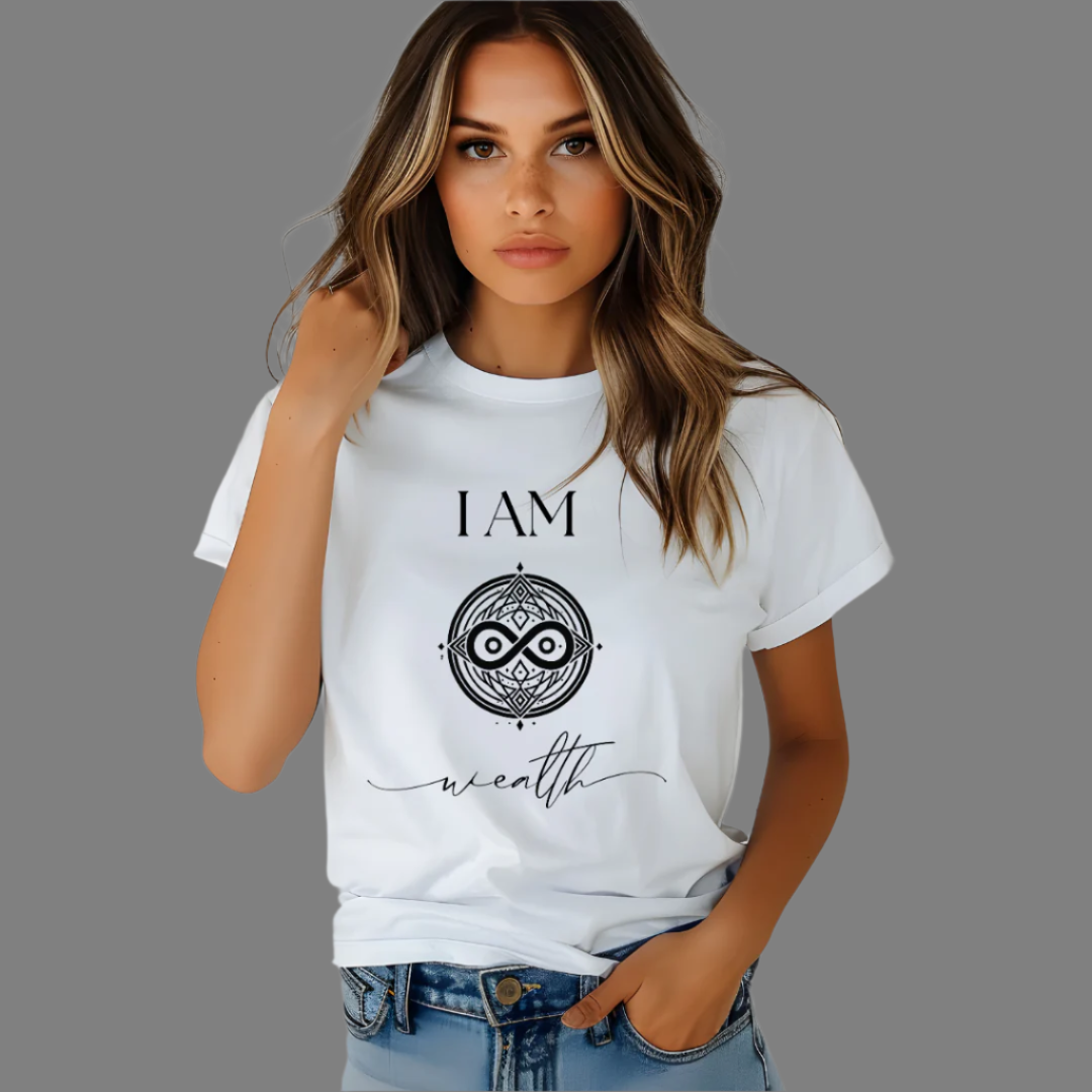Model wearing a crew neck T-shit with symbolic sigil centered on the chest, representing wealth.
The shirt reads 'I AM' in block font above the sigil and 'wealth' in script font below the sigil.
Declare to the world: I AM wealth.