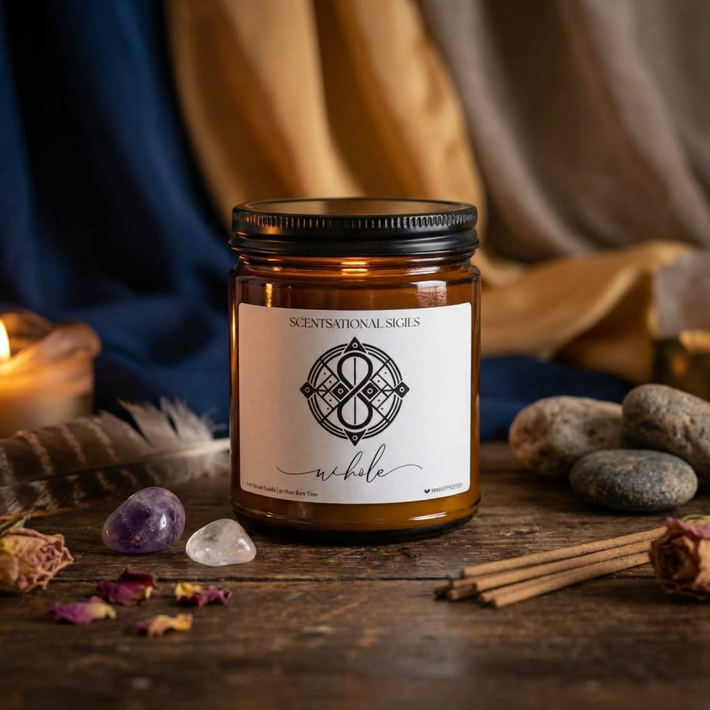 Amber glass intention candle featuring the Whole sigil symbol with ‘whole’ written in script underneath, displayed on an altar with sacred items