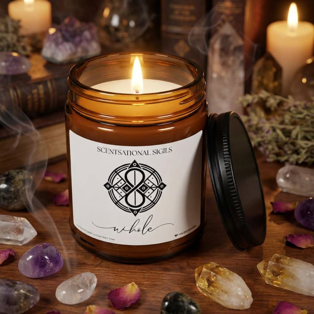 Amber glass intention candle featuring the Whole sigil symbol with ‘whole’ written in script underneath, displayed on an altar with sacred items