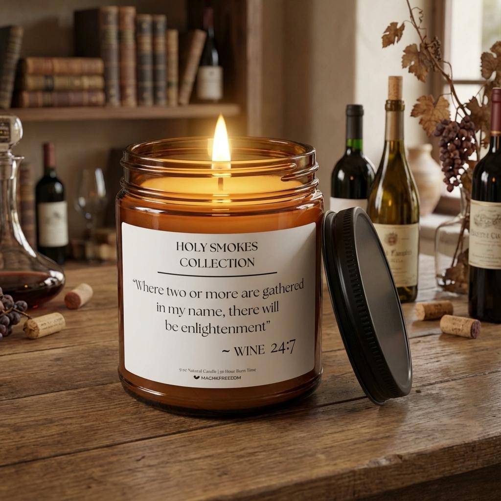 Holy Smokes Wine candle displayed against a symbolic background inspired by the meaning of the verse.
