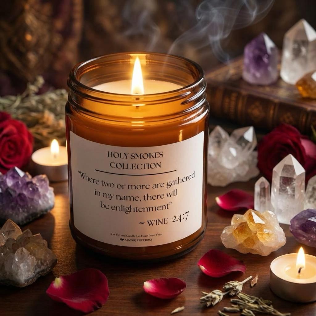Holy Smokes Wine candle arranged with altar items in a ritual-inspired setting.
