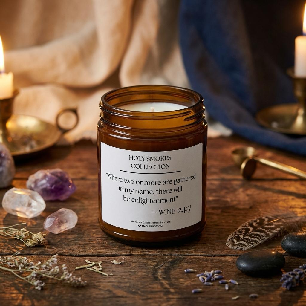 Holy Smokes Wine candle arranged with altar items in a ritual-inspired setting.