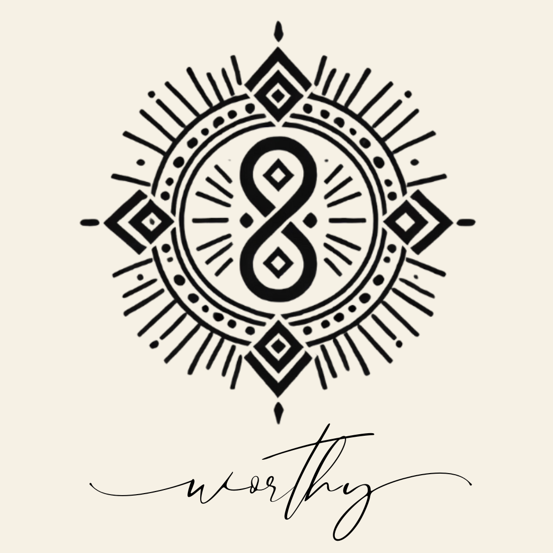 Close up on the main label image of Worthy sigil symbol with corresponding script underneath on neutral background