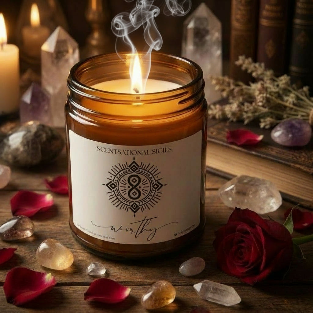 Amber glass intention candle featuring the Worthy sigil symbol with ‘worthy’ written in script underneath, displayed on an altar with sacred items
