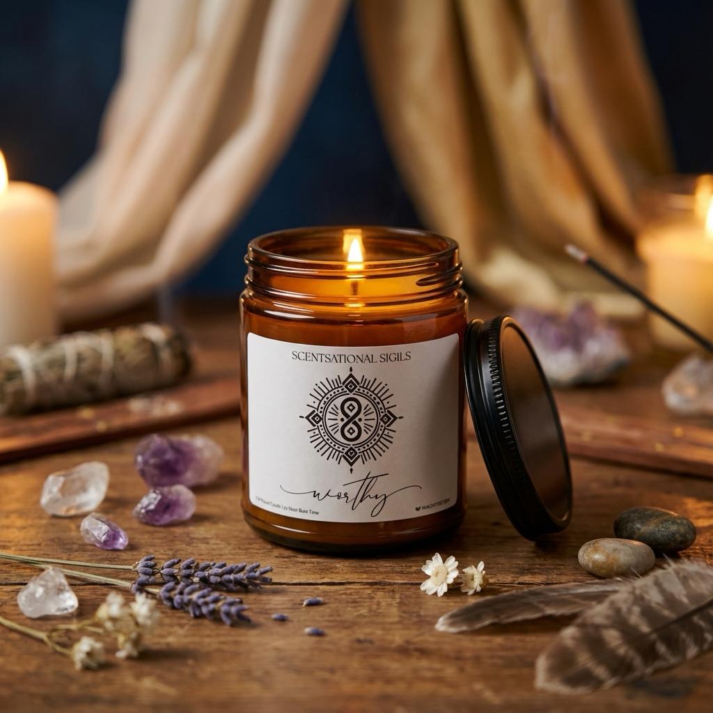 Amber glass intention candle featuring the Worthy sigil symbol with ‘worthy’ written in script underneath, displayed on an altar with sacred items
