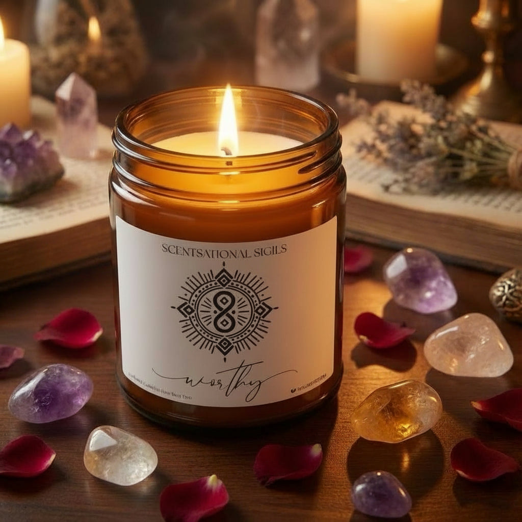 Amber glass intention candle featuring the Worthy sigil symbol with ‘worthy’ written in script underneath, displayed on an altar with sacred items
